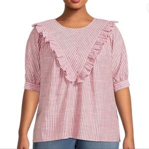 Women’s Short Sleeve Ruffle Woven Stripe Shirt Blouse Plus Size 3X